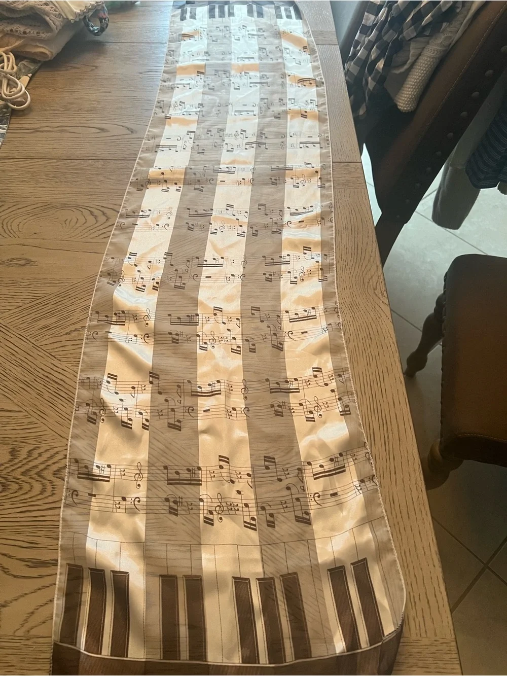 music-themed brown and cream scarf/table runner approximately 13
